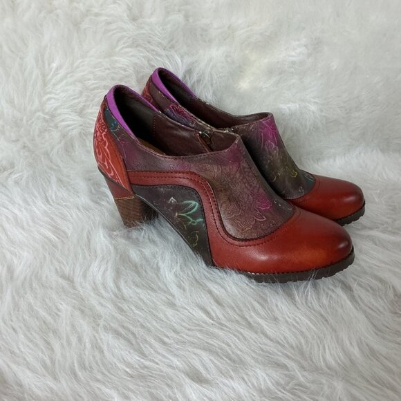 Socofy Red Purple, Pink Green Floral Patchwork Side Zip Pumps EU 40 US 9 - 9.5 - Picture 1 of 7